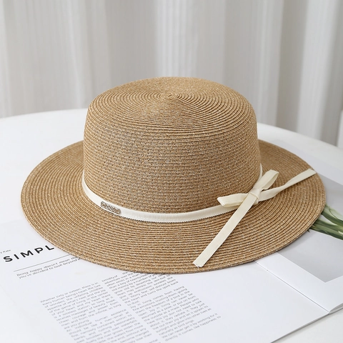 Elegant Women Raffia Straw Boater Hat Ribbon Bow Sun Protection Hepburn Style Summer Beach Vacation Breathable