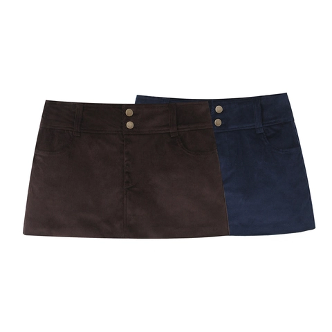 Corduroy Mini Skirt High Waist Double Button With Pockets Solid Color Polyester Vintage Casual Streetwear For Women