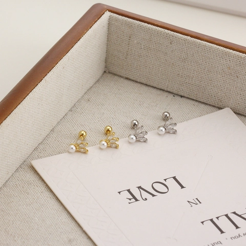 Marquise Zircon Artificial Pearl Stud Earrings 925 Sterling Silver Crown Shape Screw Back Design Elegant Women Jewelry Gift