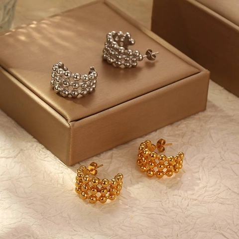 Multi Row Beaded Hoop Earrings Stainless Steel 18K Gold Plated C-Shape Geometric Fashion Luxury Jewelry For Women