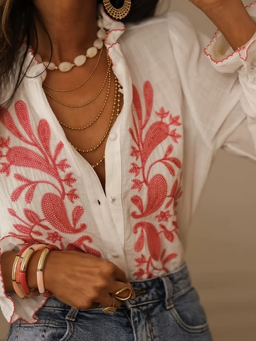 Dames Blouse Met Lange Mouwen Polyester Spandex Rood Borduurwerk Ruches Kraag Boho Street Style Tops