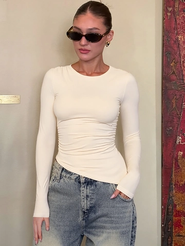 Women Ruched Long Sleeve T-Shirt Sexy Slim Fit Round Neck Irregular Hem Polyester Spandex Streetwear Top