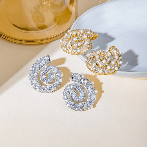 Pendientes De Botón En Espiral Acero Inoxidable Chapado Oro 18K Perla Artificial Imitación Strass Delicado Minimalista Para Mujeres