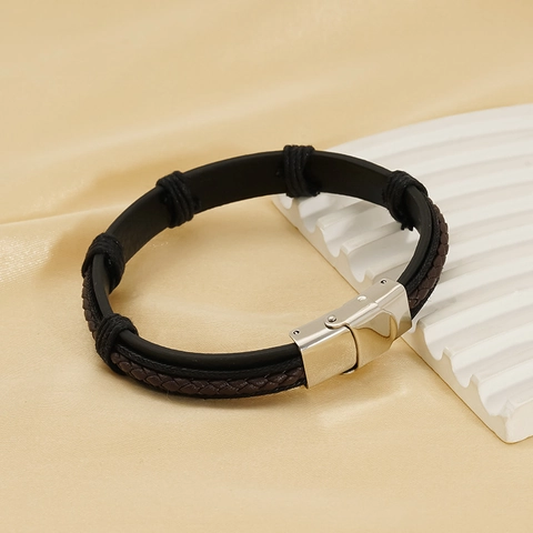 Bracciale In Pelle Intrecciata Retro Da Uomo Con Chiusura In Acciaio Inossidabile Accessorio Di Moda Geometrico Multistrato Intrecciato A Mano