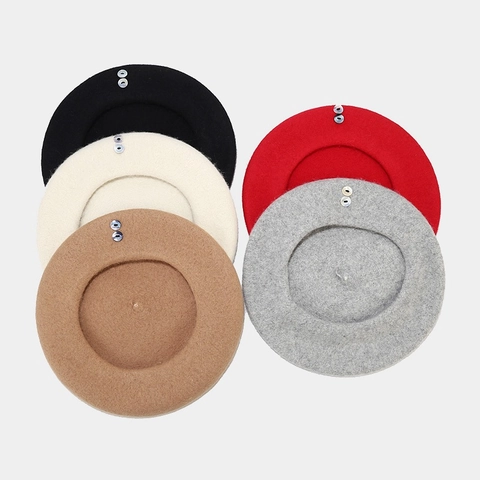 Vintage Wool Beret Hat Women French Style Painter Cap With Shell Button Decoration Elegant Warm Winter Headwear