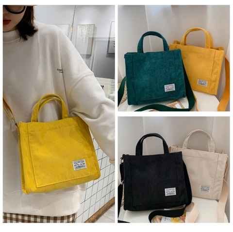 Borsa Tote In Velluto A Coste Da Donna Borsa A Mano Casual Retrò Borsa A Tracolla Con Tracolla Regolabile Grande Capacità Stile Coreano