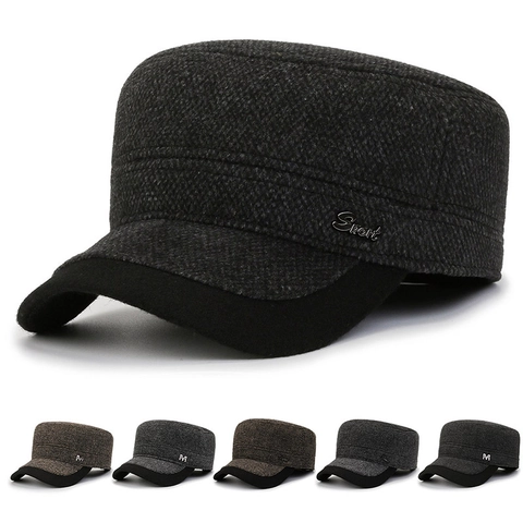 Berretto Militare Da Uomo Stile Lana Cappello Piatto Con Paraorecchie Foderato In Pile Inverno Caldo Casual