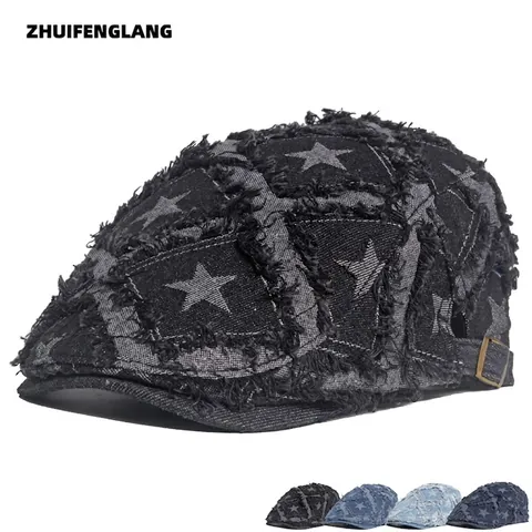 Casquette Plate En Jean Vintage Effet Vieilli Bords Effilochés Motif Étoile Béret Réglable Streetwear
