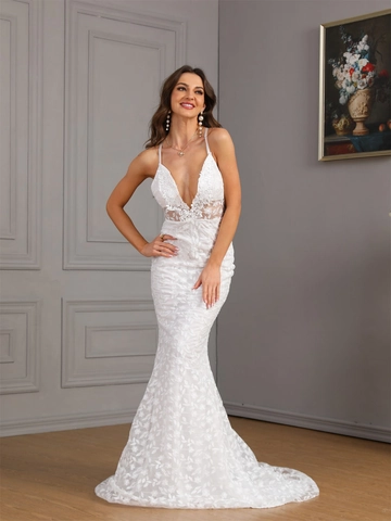 Elegant White Mermaid Lace Wedding Dress Deep V Neck Spaghetti Strap Sequin Embroidery Bridal Gown For Women Party