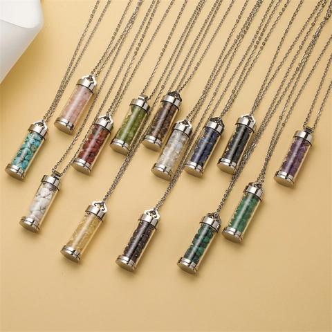 Collana Con Pendente A Bottiglia Dei Desideri Cilindrica In Acciaio Inox Con Scaglie Di Cristallo Di Pietra Naturale Design Apribile Unisex