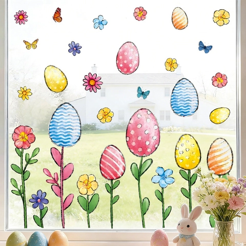 Osterei Fensteraufkleber PVC Statisch Cartoon Hase Blume Schmetterling Muster Für Kinderzimmer Zuhause Glas Dekoration