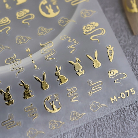 Goud Bronzing Nagelkunst Stickers 3D Reliëf Zelfklevend Chinese Stijl Konijn Wolk Decals Voor Dames Manicure