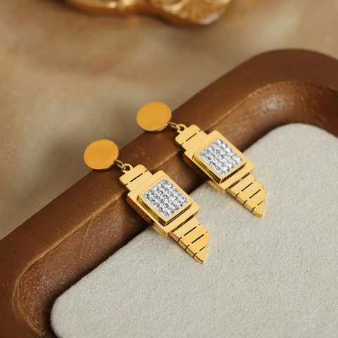 Vintage Verguld Titaniumstaal Geometrische Hanger Oorbellen Voor Vrouwen Luxe Strass Schelp Ingelegde Vierkante Druppel Oorbellen Mode Sieraden Cadeau
