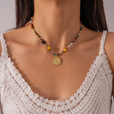 Bohemian Stainless Steel Necklace Colorful Stone Beaded Round Pendant Sun Moon Star Rhinestone Inlaid Vintage Jewelry Women