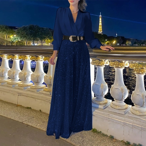Ensemble Assorti pour Femmes avec Haut à Manches Longues en V et Pantalon Large à Paillettes Combinaison Élégante de Soirée
