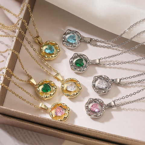 Herz Edelstein Anhänger Halskette Unregelmäßige Lava Textur Zirkon Kupfer Vintage Elegant Minimalistisch Schmuck Damen