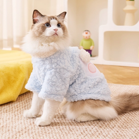 Gilet Caldo Invernale Per Gatti Cani Maglione Spesso In Lana Di Agnello Con Anello A D Ricamo Carino Blu Bianco
