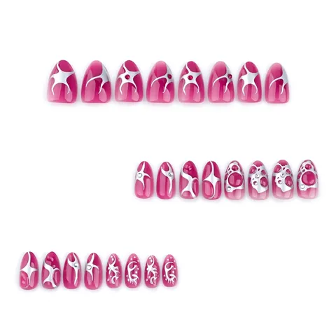 Press On Nails 3D Silber Flammen Design Flüssigmetall Y2K Cyberpunk Stil Verlauf Rosa Mandel Künstliche Nägel Mit Strass
