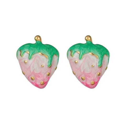 Vintage Sweet Strawberry Stud Earrings 18K Gold Plated Stainless Steel Enamel Niche Design Jewelry For Women