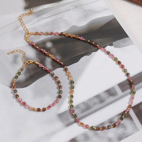 Natuurlijke Toermalijn Steen Kralen Ketting Kleurrijke Handgemaakte Roestvrij Staal Vintage Minimalistische Voor Dames