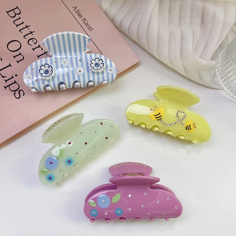 Acetate Hair Claw Clips With Bee Flower Rhinestone Elegant Sweet Shark Hair Clips For Women