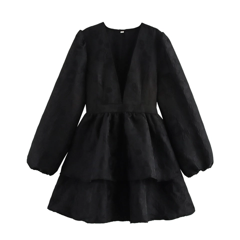 French Deep V Neck Long Sleeve Mini Dress Elegant Jacquard Tiered High Waist Solid Color Layered Women