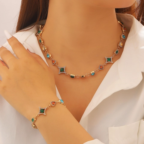 Vintage Luxus Legierung Bunte Zirkonia Halskette Und Armband Schmuckset Für Damen Hip Hop Böhmisch Geometrisch Stern Zubehör