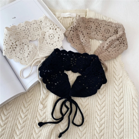 Women Cotton Crochet Fake Collar Neckerchief Hollow Out Floral Knitted Detachable Scarf Bib Neckerchief For Shirt Decoration