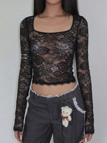 Lace Top Nylon Spandex Long Sleeve Square Neck Slim Fit Cropped Sexy Party Club Streetwear Y2K Floral Women