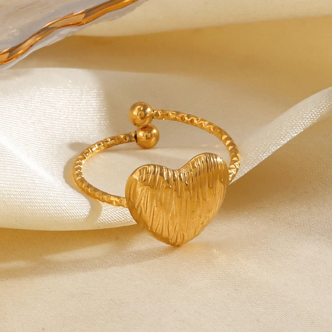 Anillo Ajustable Con Forma De Corazón Acero Inoxidable Chapado En Oro De 18K Textura Cepillada Joyería Para Mujeres