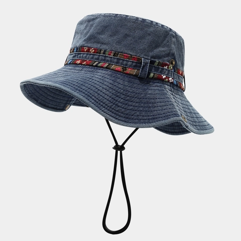 Washed Cotton Cowboy Bucket Hat Ethnic Style Ribbon Adjustable Chin Strap Outdoor Hiking Sun Protection Retro