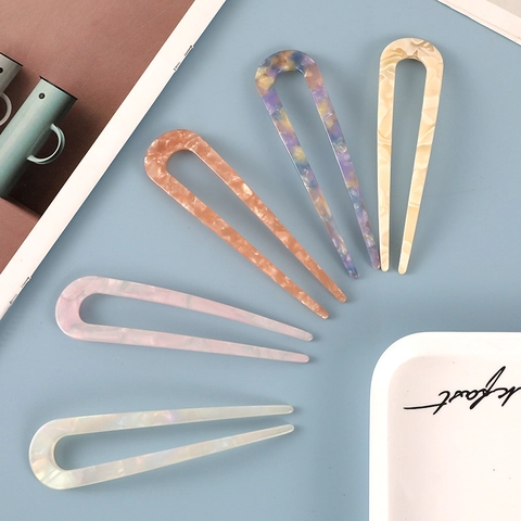 U-Vormige Haarspeld Acetaat Acryl Franse Stijl Knot Vork Schelp Marmer Textuur Haarstick Voor Vrouwen Elegant Accessoire