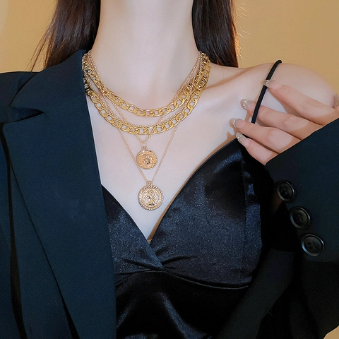 Multi-layered Necklace Alloy Coin Portrait Pendant Retro Punk Chunky Curb Chain Statement Jewelry For Women