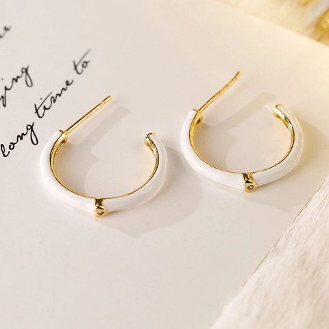 Bunte Emaille C-Form Creolen Messing Vergoldet Geometrisch Tropföl Strass Modeschmuck Für Frauen
