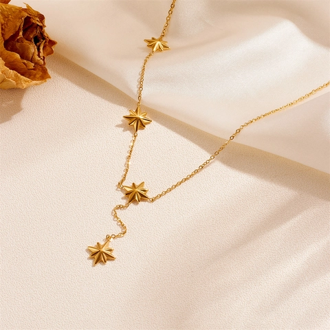 Damen Mode Edelstahl Stern Quaste Y-Förmige Halskette Elegante Vergoldete Strass Schlüsselbeinkette Schmuck