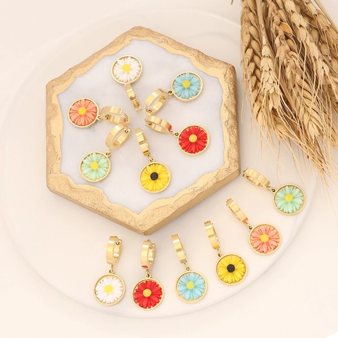 Gänseblümchen Creolen Tropfenohrringe Edelstahl Harz Bunte Blumen Schmuck Für Damen Mode Retro Stil
