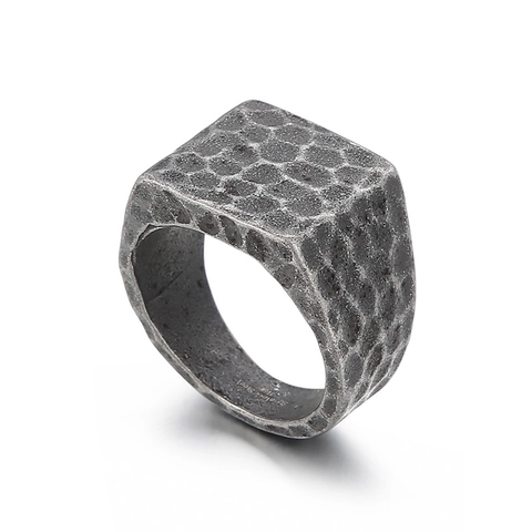 Square Face Hammered Texture Ring 316L Stainless Steel Retro Industrial Signet Jewelry For Men Women Unisex