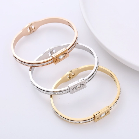 Bracciale Evil Eye In Acciaio Inossidabile 304 Con Strass Pavé Chiusura A Molla Gioielli Eleganti Per Donna