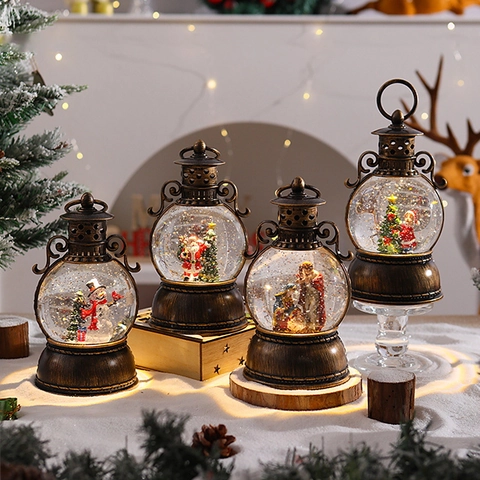 Linterna Bola De Nieve De Navidad Luminosa Musical Retro Bronce Purpurina Lámpara De Agua Adorno Mesa Festiva