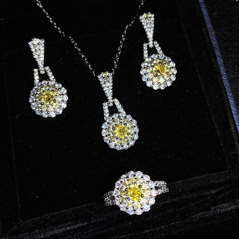 Luxus Kupfer Rosa Gelb Strass Blume Schmuckset Vintage Galvanisiert Anhänger Halskette Ohrringe Offener Ring Für Damen