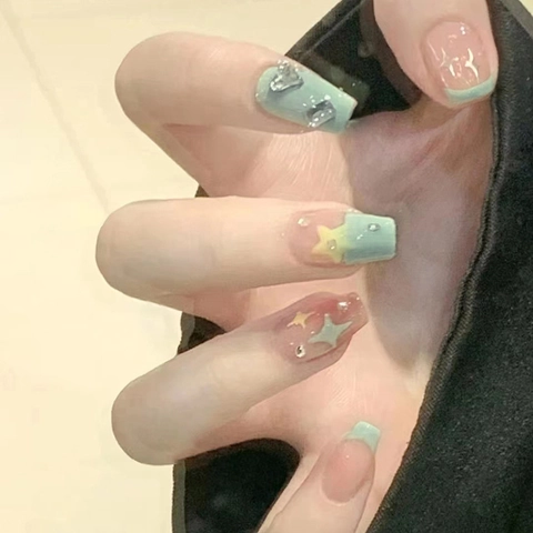 Faux Ongles French Press On Strass Étoile Cœur Décoration Menthe Vert Rose Dégradé Réutilisables Élégants Ongles Pour Femmes