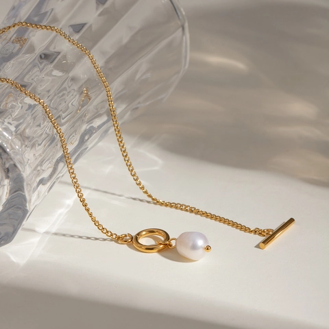 Collier Pendentif Perle Eau Douce Femme Acier Inoxydable Plaqué Or Minimaliste Fermoir OT T-Bar Chaîne Plate Accessoire Mode