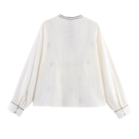 Dames Boho Geborduurde Blouse Lange Mouwen V-Hals Kwastje Etnische Stijl Off White Pullover Top