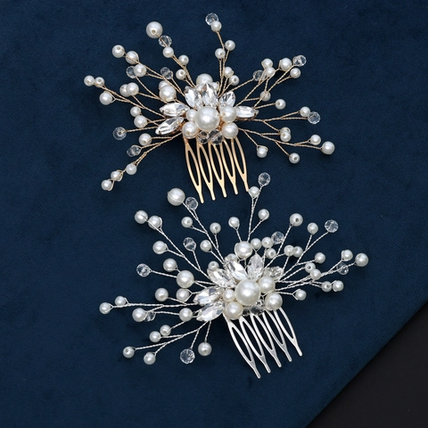 Peineta De Novia Elegante Hecha A Mano Aleación Perla Artificial Cristal Diseño Floral Rama Tocado De Boda Para Mujer