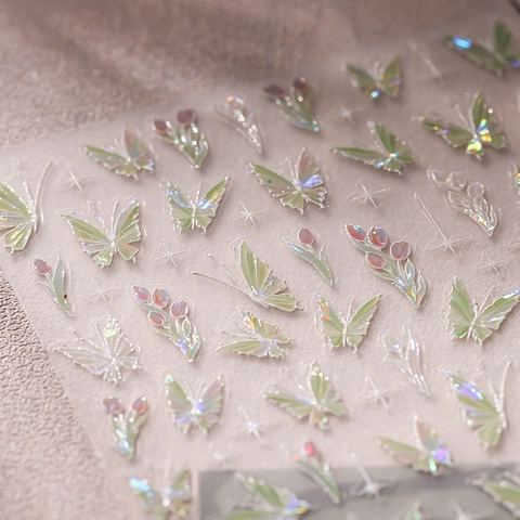 Holographic Laser Butterfly Nail Art Stickers 3D Tulip Flower Design Self Adhesive DIY Decals Elegant Beauty