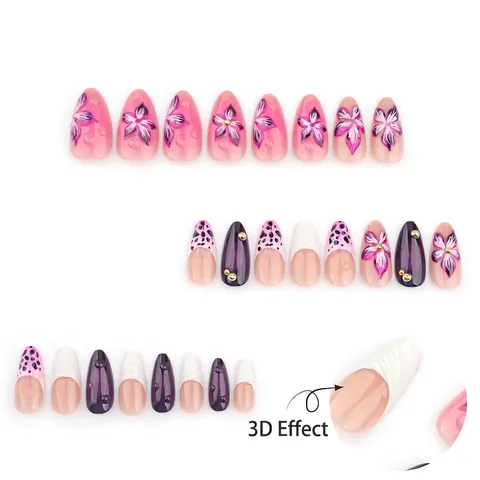 Mandel Drucknägel Rosa Lila Leopard Französische Spitze 3D Blumenmuster Glänzend Künstliche Nägel Für Damen Mode