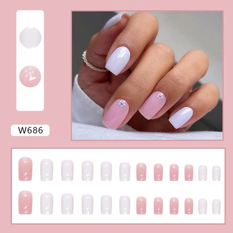 Press On Nagels Roze Wit Bloemenpatroon Glitter Vierkant Halflang Zoete Kunstnagels Voor Dames