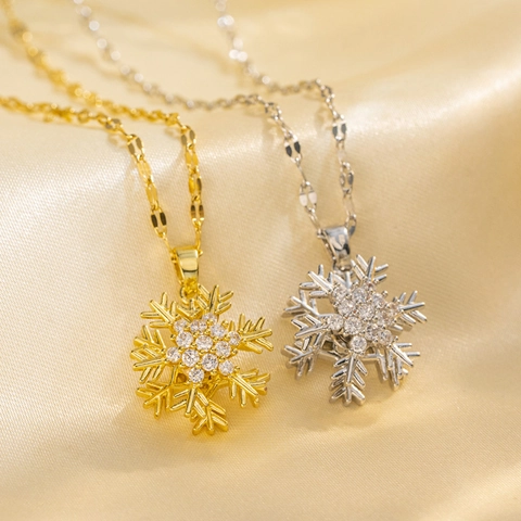 Collana con Pendente a Fiocco di Neve Rotante in Acciaio al Titanio con Strass Catena a Onda d'Acqua Gioielli Eleganti Donna