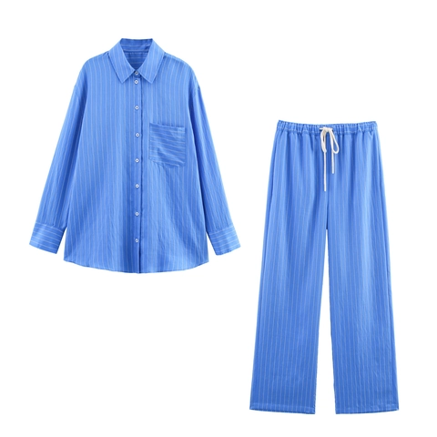 Damen Casual Blau Vertikal Gestreift Satin Hemd Und Hose Set Langarm Button-Down Top Kordelzug Weites Bein Hose