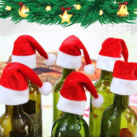 Mini Chapeaux De Noël En Feutre Couvre Bouteille De Vin Porte Couverts Décoration De Table De Fête Rouge Blanc